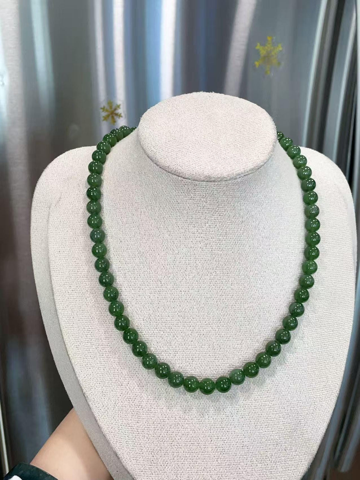 Certified Natural Green Jade Bead Necklace ,8mm Beaded Dark Green Jade Chain, Nephrite Jade Necklace, 18” Length，Spinach Green Jade