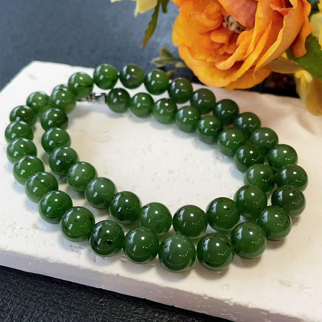 Certified Natural Green Jade 10mm Necklace, Rich Green Beaded Jade Necklace, Minimalist Jade Chain, 10mm Nephrite Green Jade