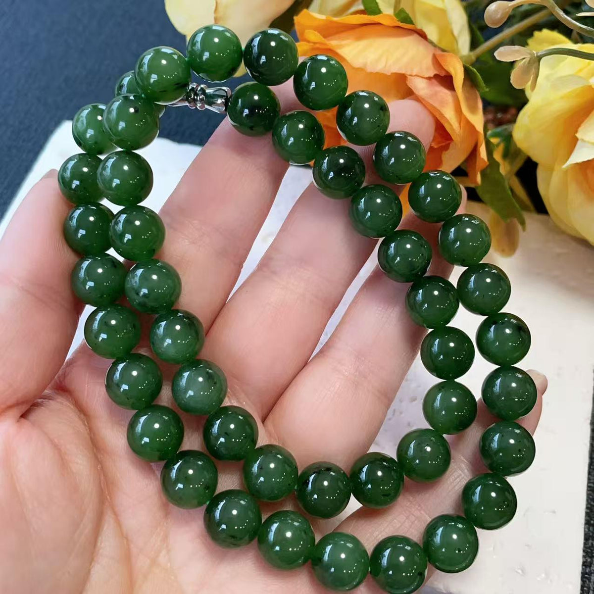 Certified Natural Green Jade 10mm Necklace, Rich Green Beaded Jade Necklace, Minimalist Jade Chain, 10mm Nephrite Green Jade