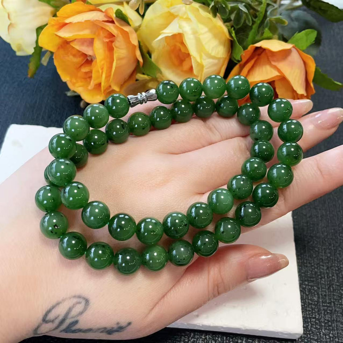 Certified Natural Green Jade 10mm Necklace, Rich Green Beaded Jade Necklace, Minimalist Jade Chain, 10mm Nephrite Green Jade