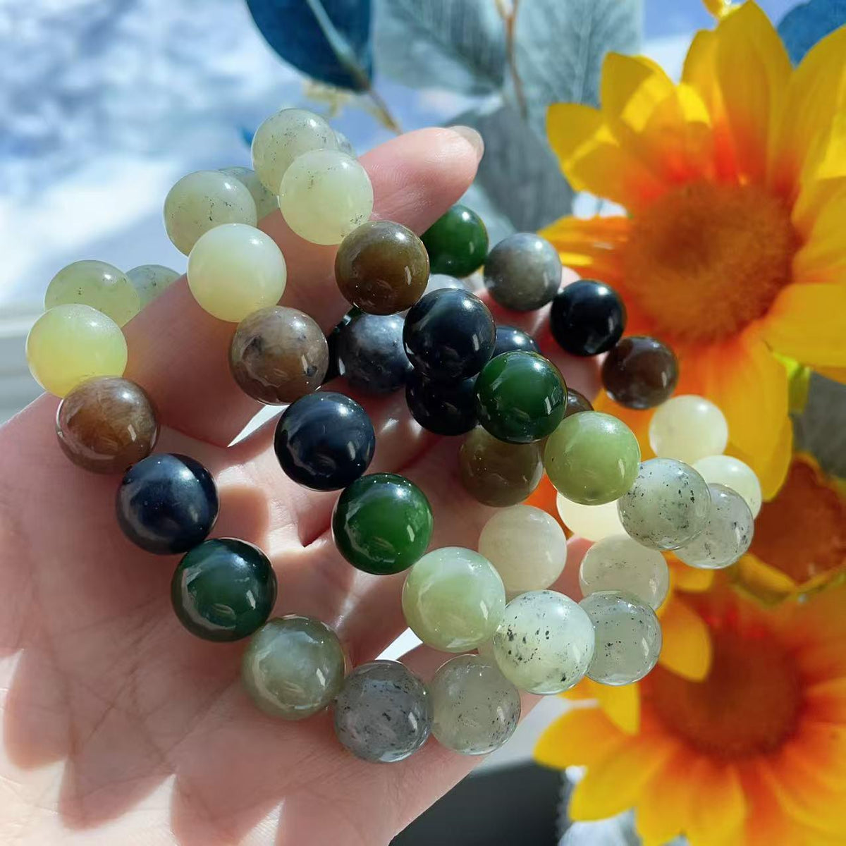 Natural Multicolor Jade Bracelet 12mm Beads , Genuine Jade Round Bead Bracelet ,Statement Chunky Jade Jewelry ,Gift for Her