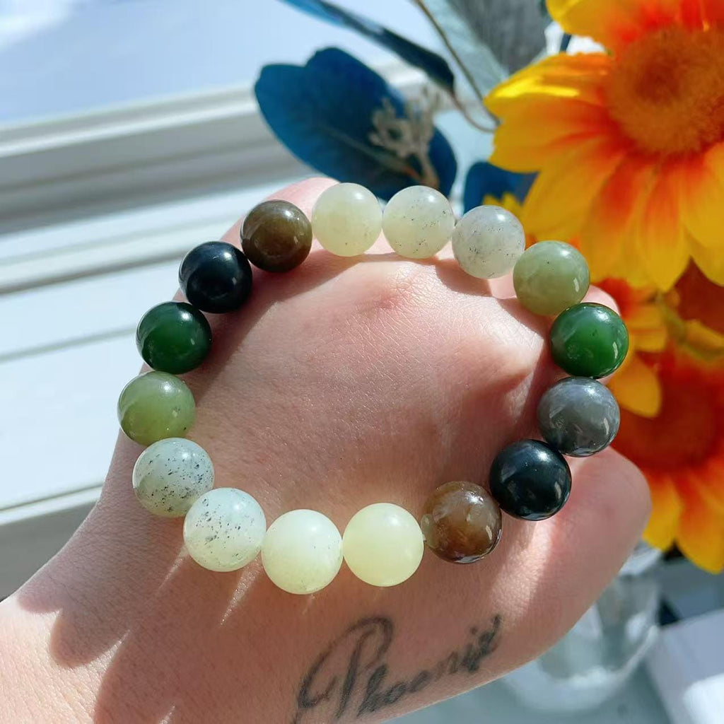 Natural Multicolor Jade Bracelet 12mm Beads , Genuine Jade Round Bead Bracelet ,Statement Chunky Jade Jewelry ,Gift for Her