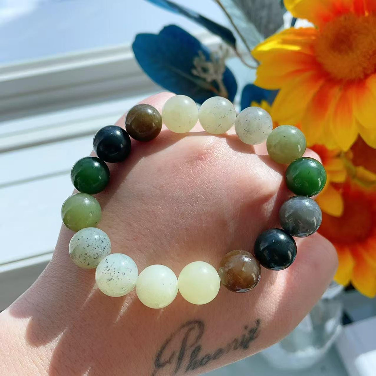 Natural Multicolor Jade Bracelet 12mm Beads , Genuine Jade Round Bead Bracelet ,Statement Chunky Jade Jewelry ,Gift for Her