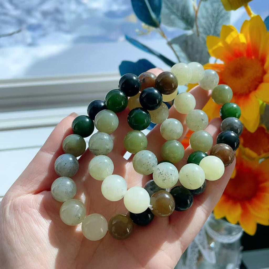 Natural Multicolor Jade Bracelet 12mm Beads , Genuine Jade Round Bead Bracelet ,Statement Chunky Jade Jewelry ,Gift for Her