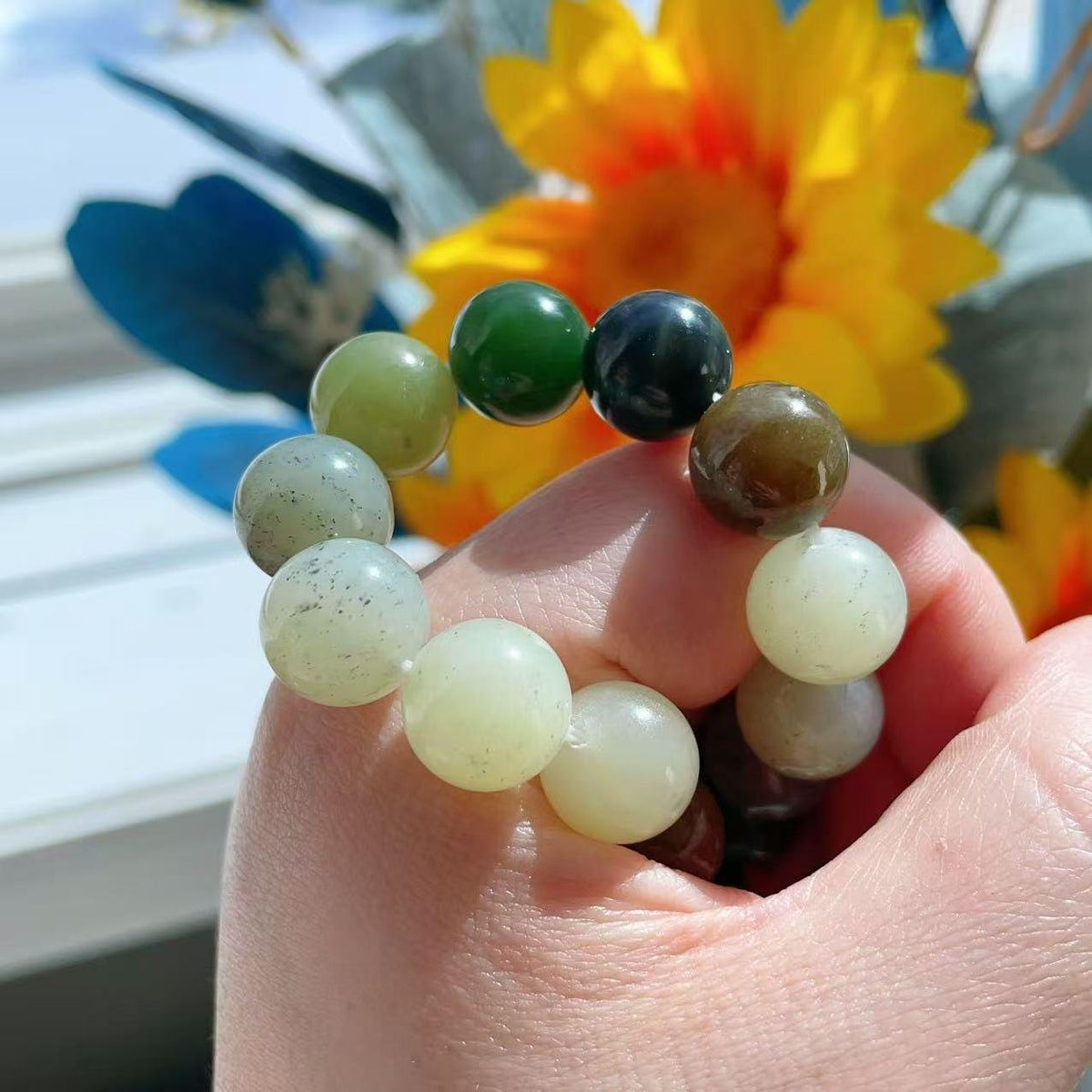 Natural Multicolor Jade Bracelet 12mm Beads , Genuine Jade Round Bead Bracelet ,Statement Chunky Jade Jewelry ,Gift for Her