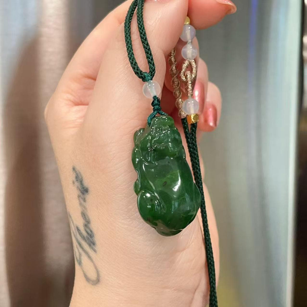 Natural Green Jade Pixiu Pendant Necklace, Hand Carved Jade Pi Xiu Charm, Adjustable Cord Necklace, Lucky Wealth Amulet, Jade Gift