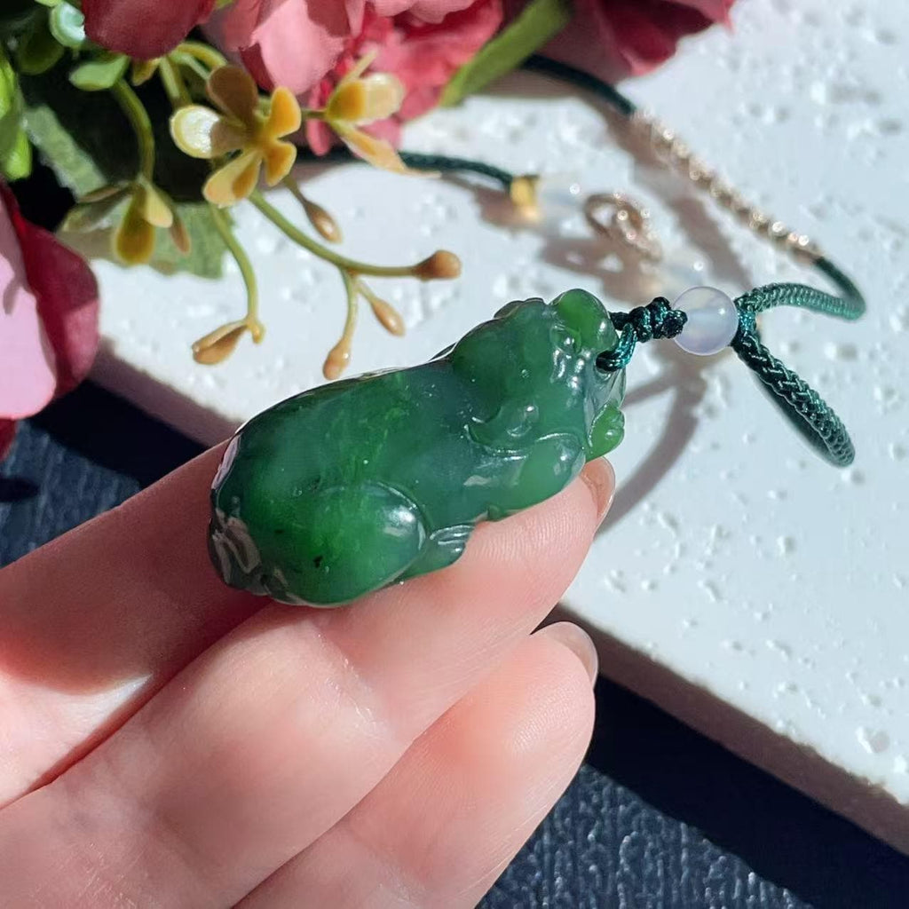 Natural Green Jade Pixiu Pendant Necklace, Hand Carved Jade Pi Xiu Charm, Adjustable Cord Necklace, Lucky Wealth Amulet, Jade Gift