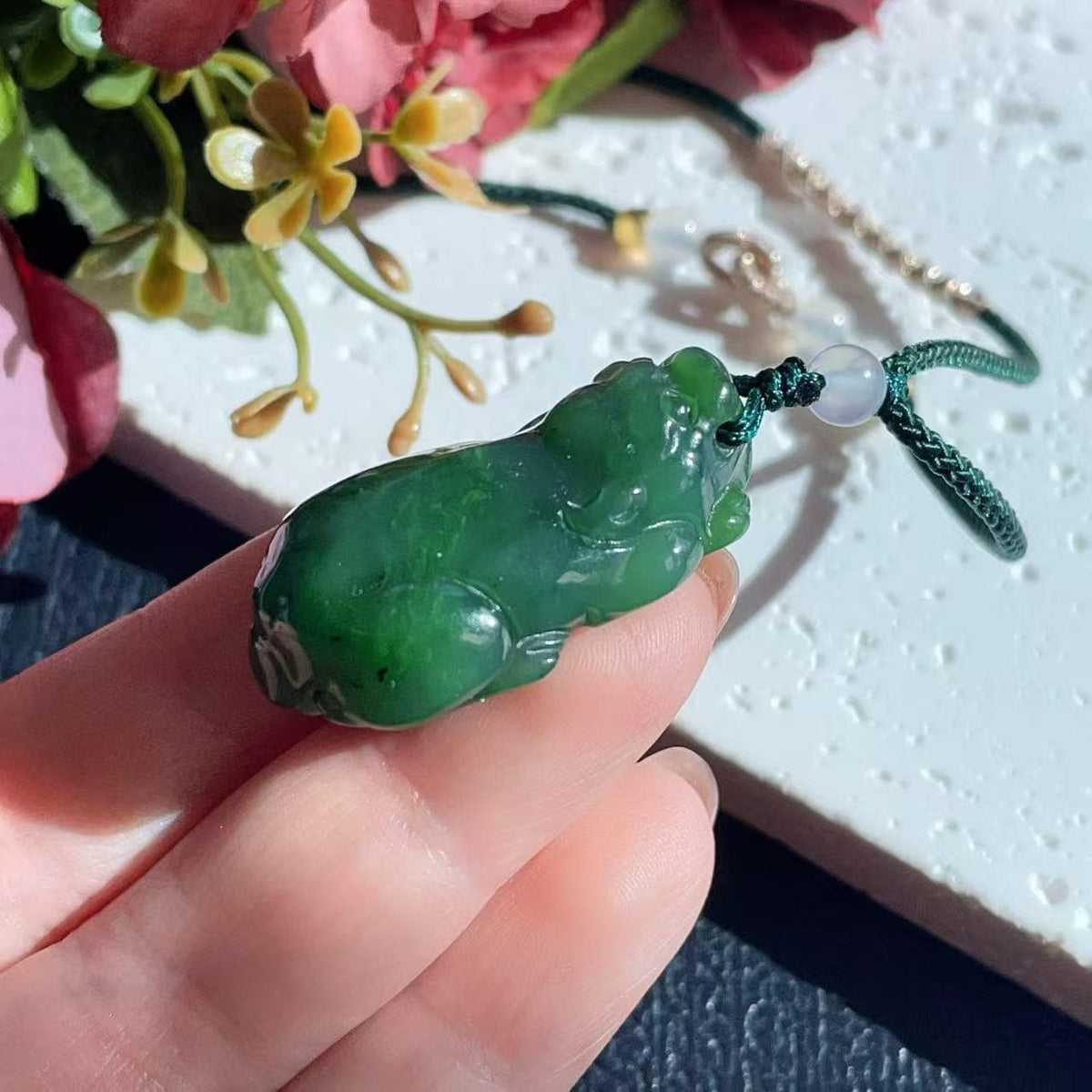 Natural Green Jade Pixiu Pendant Necklace, Hand Carved Jade Pi Xiu Charm, Adjustable Cord Necklace, Lucky Wealth Amulet, Jade Gift