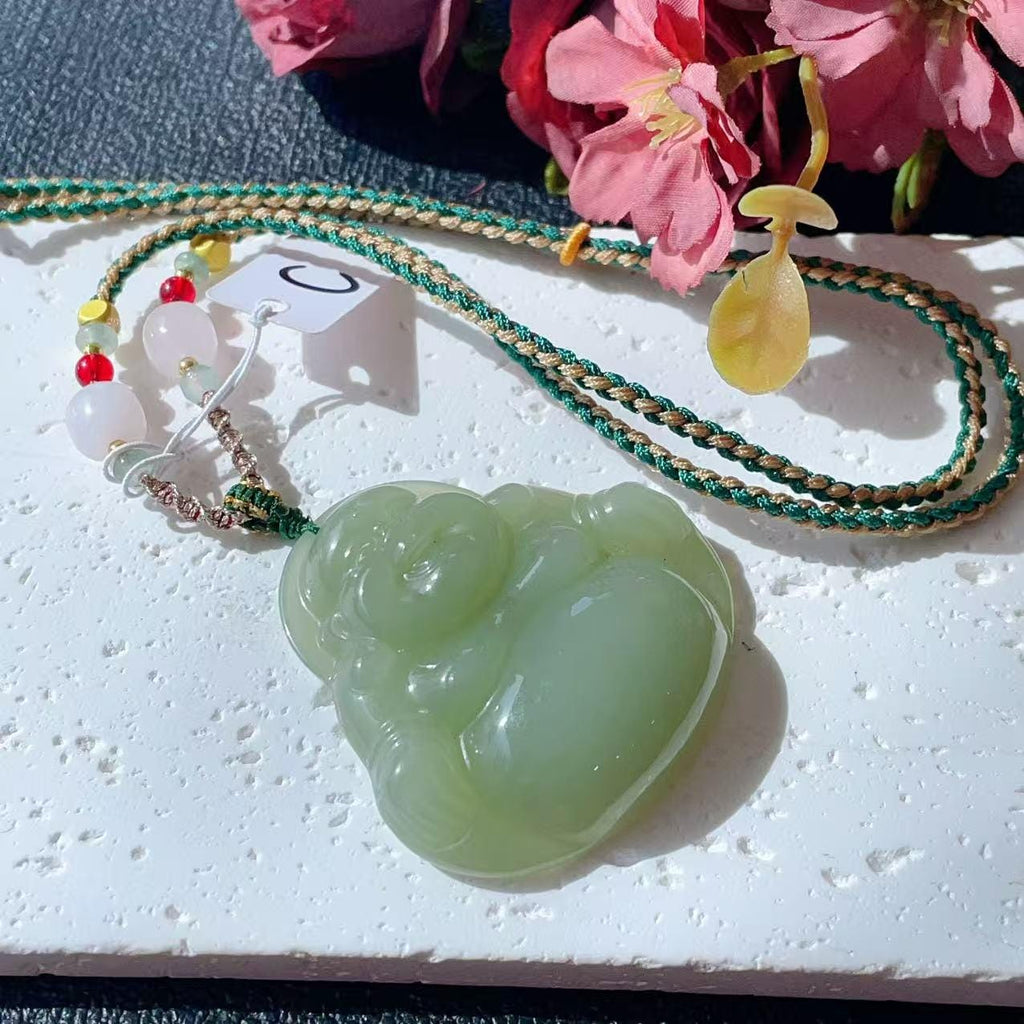 Natural Spring Green Jade Buddha Pendant Necklace | Large Laughing Buddha Jade | Adjustable Cord 26" | Certified Jade Gift