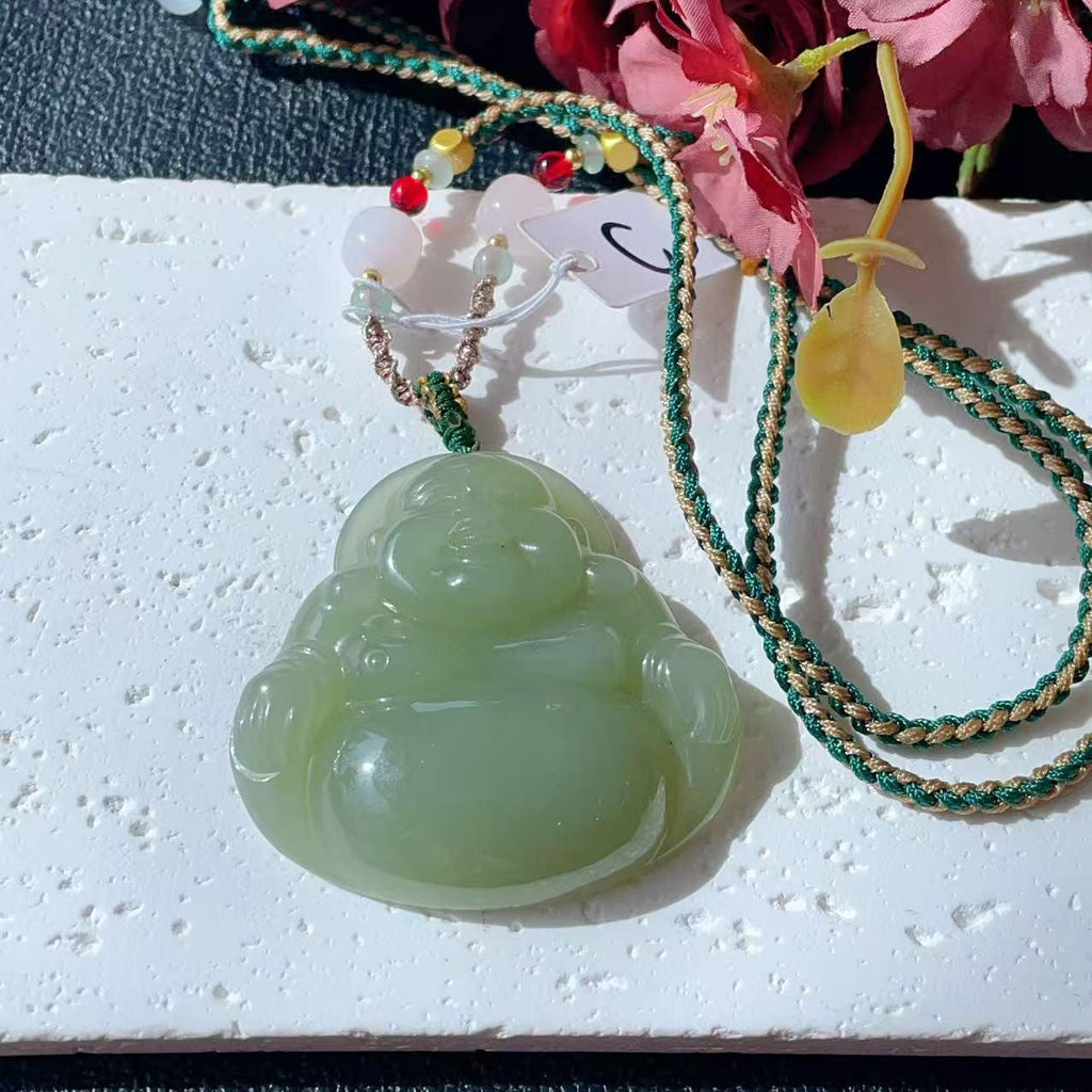 Natural Spring Green Jade Buddha Pendant Necklace | Large Laughing Buddha Jade | Adjustable Cord 26" | Certified Jade Gift