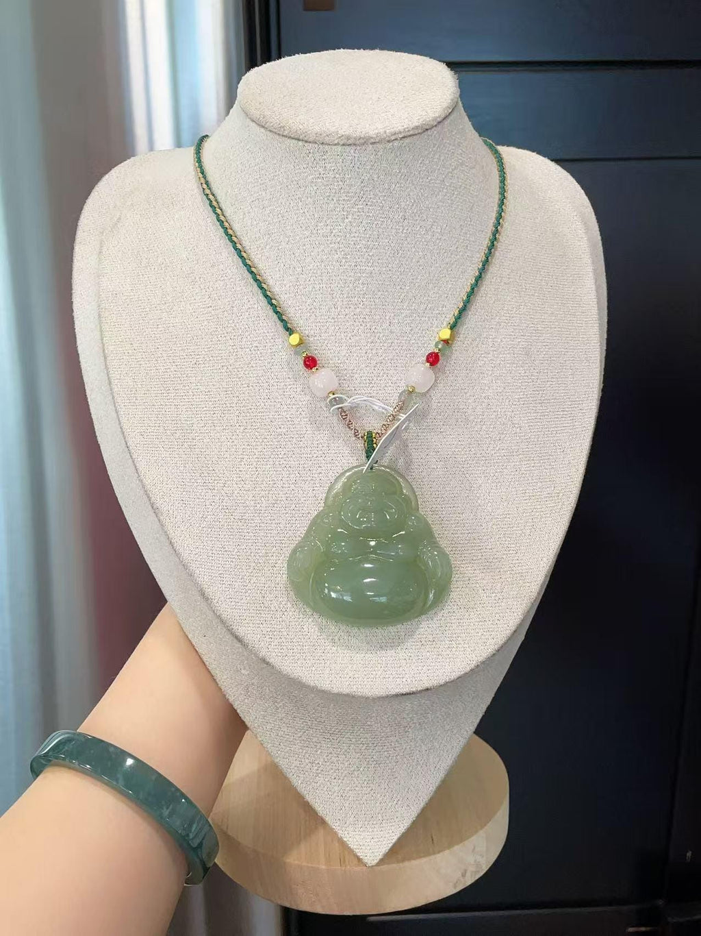 Natural Spring Green Jade Buddha Pendant Necklace | Large Laughing Buddha Jade | Adjustable Cord 26" | Certified Jade Gift