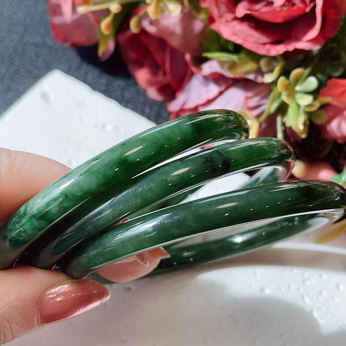DEAL！Certified Natural Green Jade Slim Bangle, 55-61 Size Minimalist Bangle Bracelet, Dark Green Jade Bangle, Natural Jade Bangle Bracelet