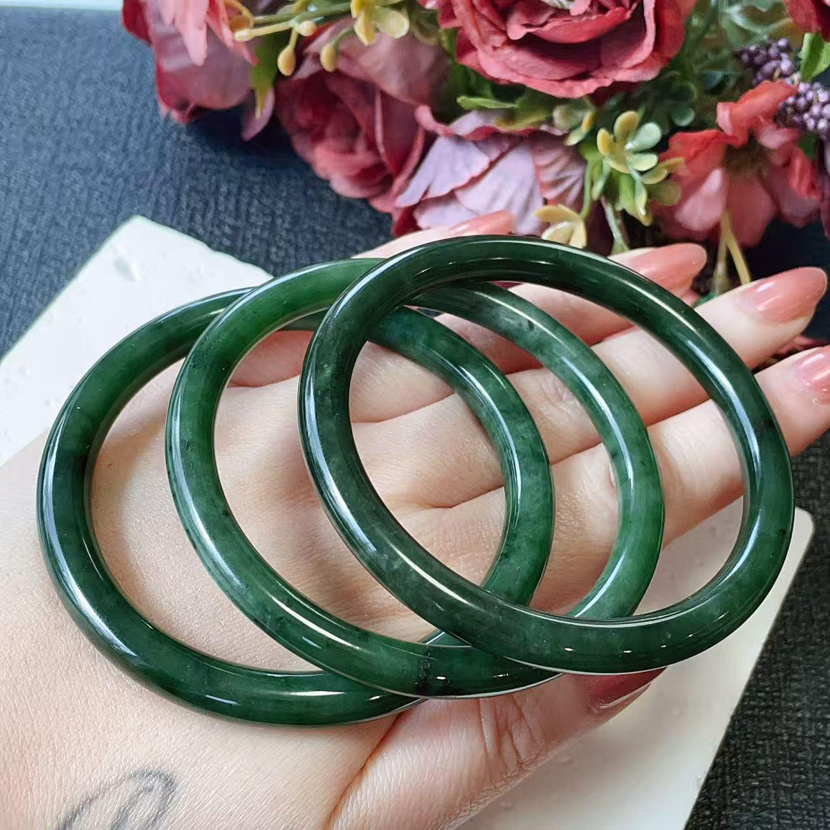 DEAL！Certified Natural Green Jade Slim Bangle, 55-61 Size Minimalist Bangle Bracelet, Dark Green Jade Bangle, Natural Jade Bangle Bracelet