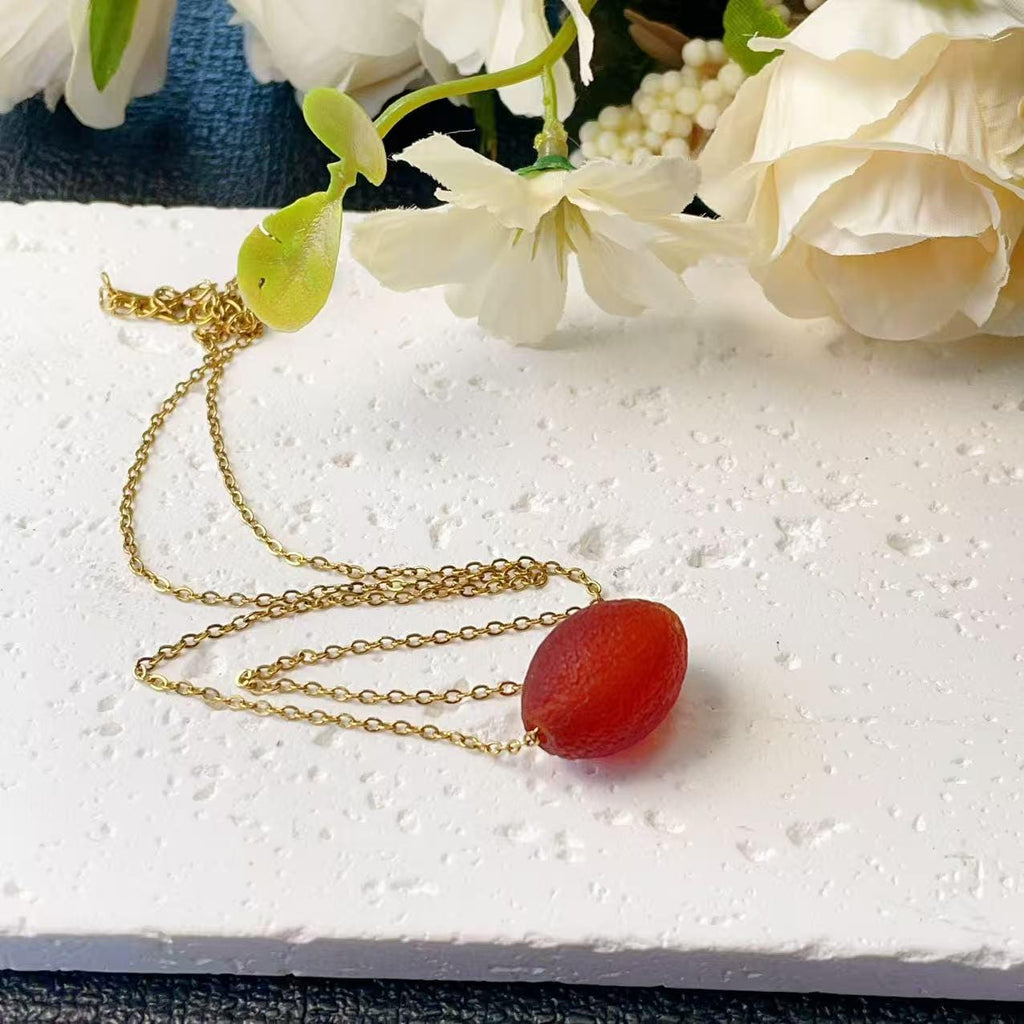Natural Red Agate Pendant Necklace ,Matte Barrel Bead ,Adjustable Gold Chain ,Handmade Minimal Jewelry Gift