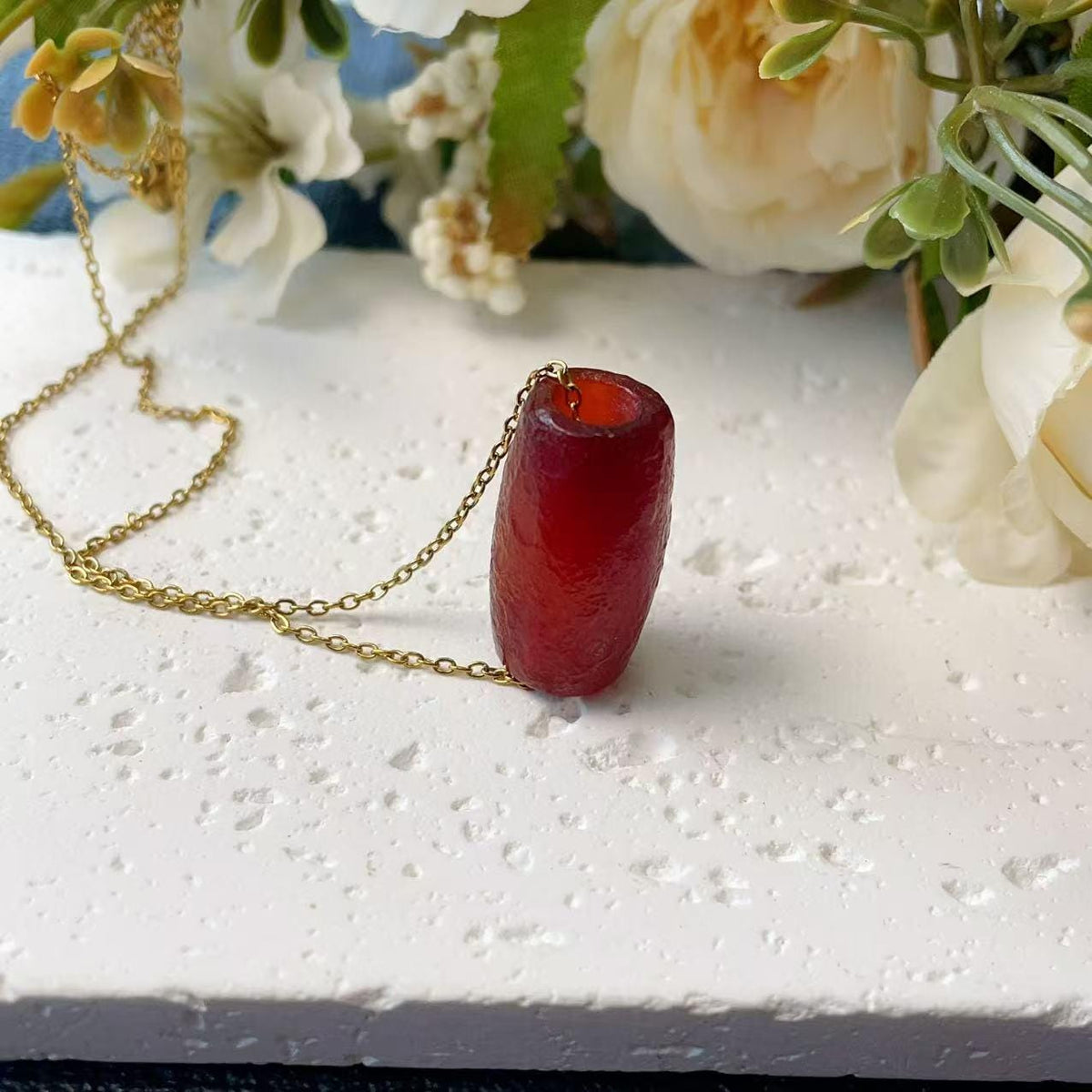 Natural Red Agate Long Barrel Pendant Necklace , Matte Tube Bead ,Adjustable Gold Chain ,Minimalist Statement Jewelry