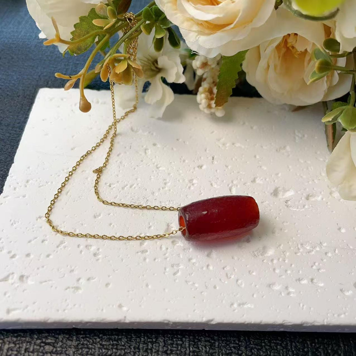 Natural Red Agate Long Barrel Pendant Necklace , Matte Tube Bead ,Adjustable Gold Chain ,Minimalist Statement Jewelry