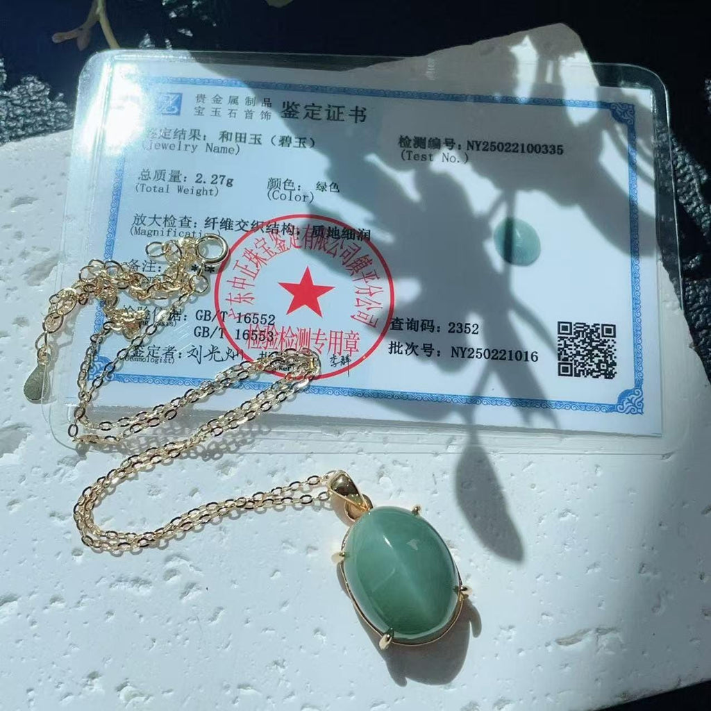 Certified Peppermint Green Jade Pendant | Natural Nephrite Oval Necklace | 18K Gold Plated 925 Silver | Minimalist Luxury Jewelry