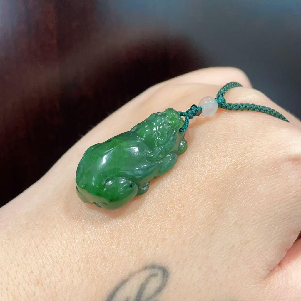Natural Green Jade Pixiu Pendant Necklace, Hand Carved Jade Pi Xiu Charm, Adjustable Cord Necklace, Lucky Wealth Amulet, Jade Gift