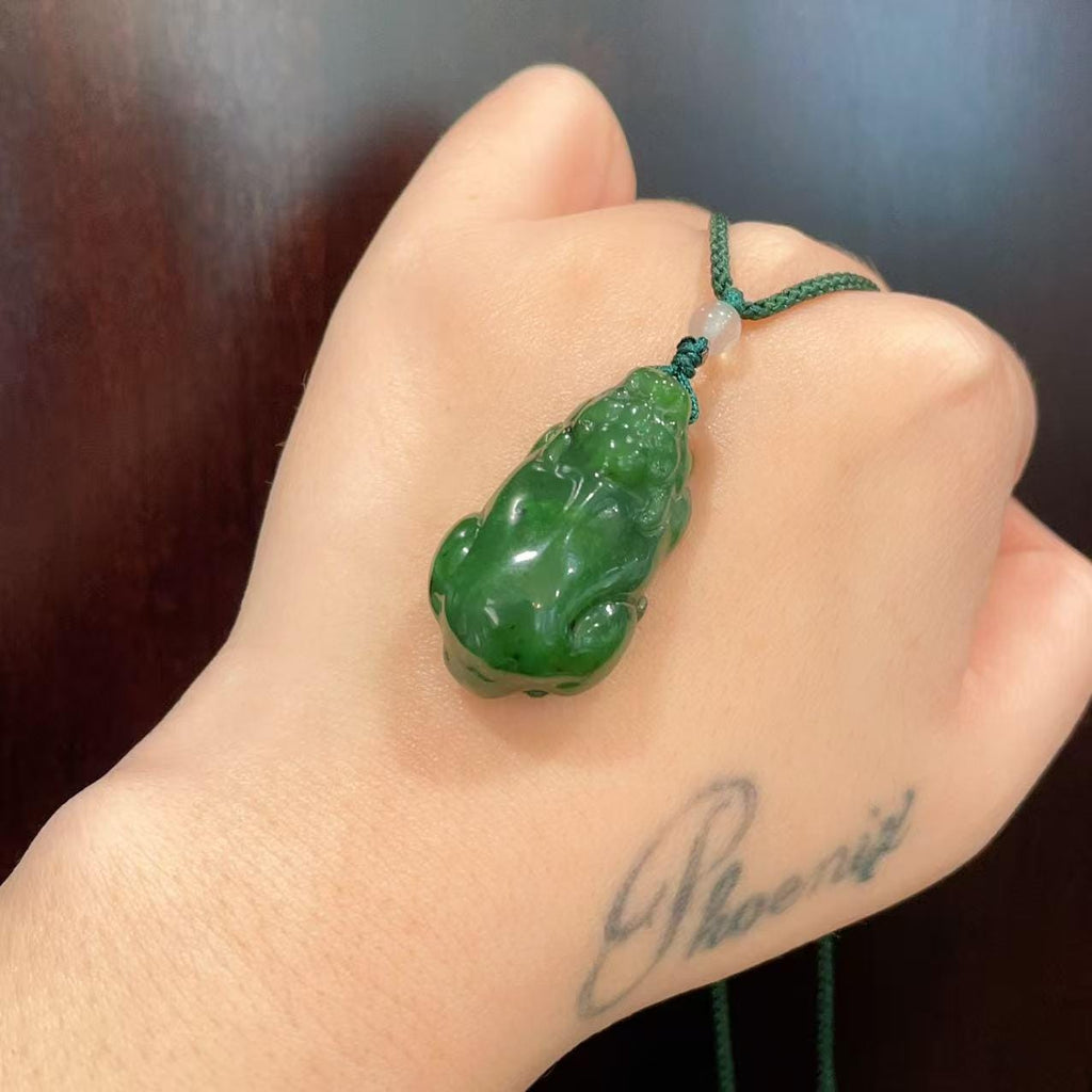 Natural Green Jade Pixiu Pendant Necklace, Hand Carved Jade Pi Xiu Charm, Adjustable Cord Necklace, Lucky Wealth Amulet, Jade Gift
