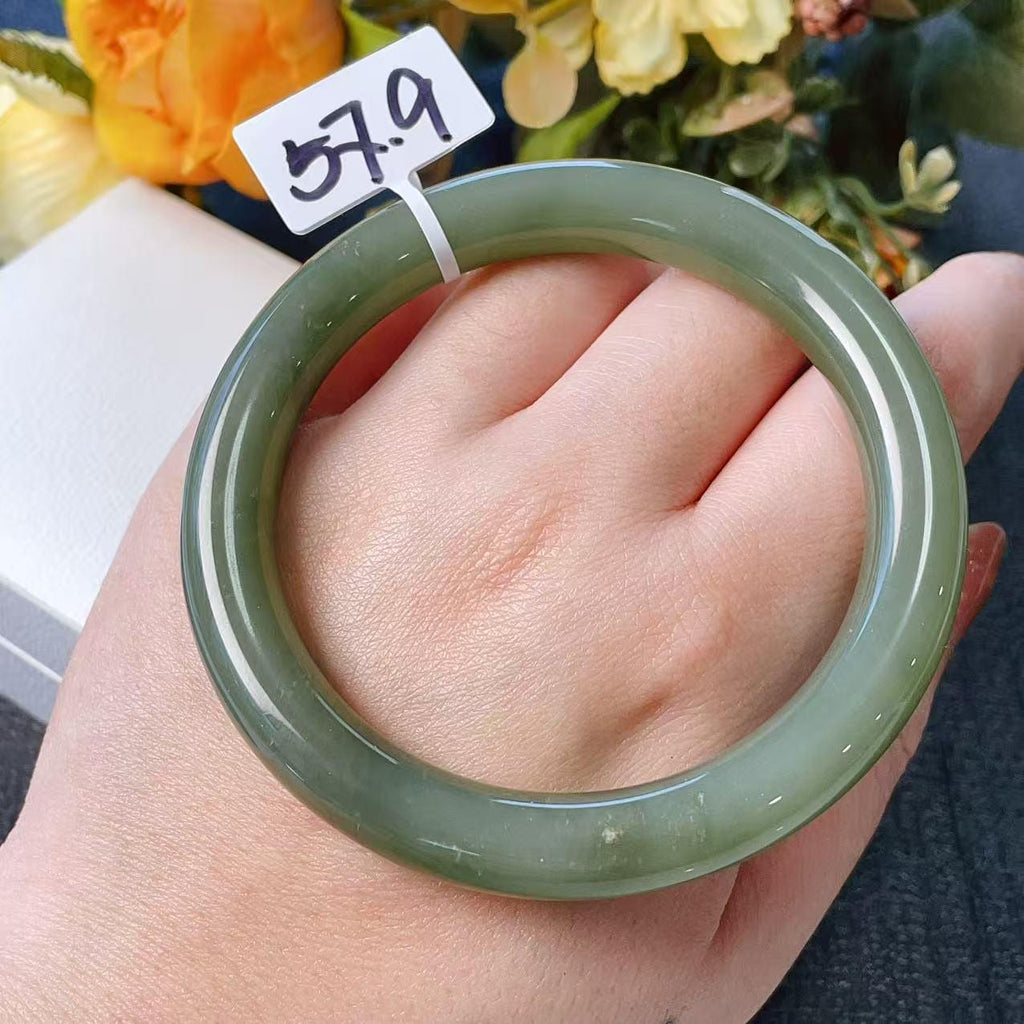 Certified Natural Green Jade Bangle , Iced Lake Green Nephrite Jade Bangle , 57-58mm Size Jade Bangle Bracelet