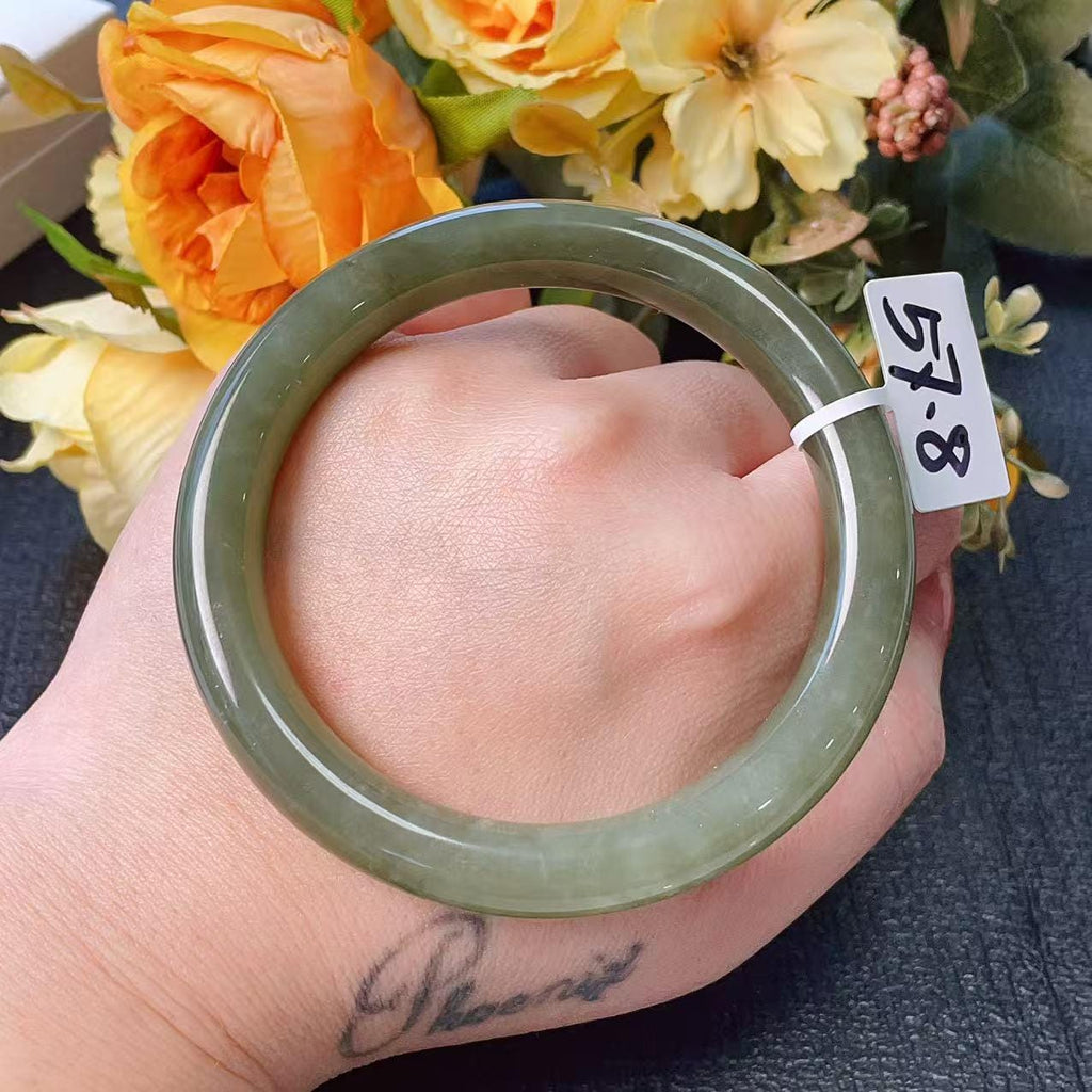 Certified Natural Green Jade Bangle , Iced Lake Green Nephrite Jade Bangle , 57-58mm Size Jade Bangle Bracelet