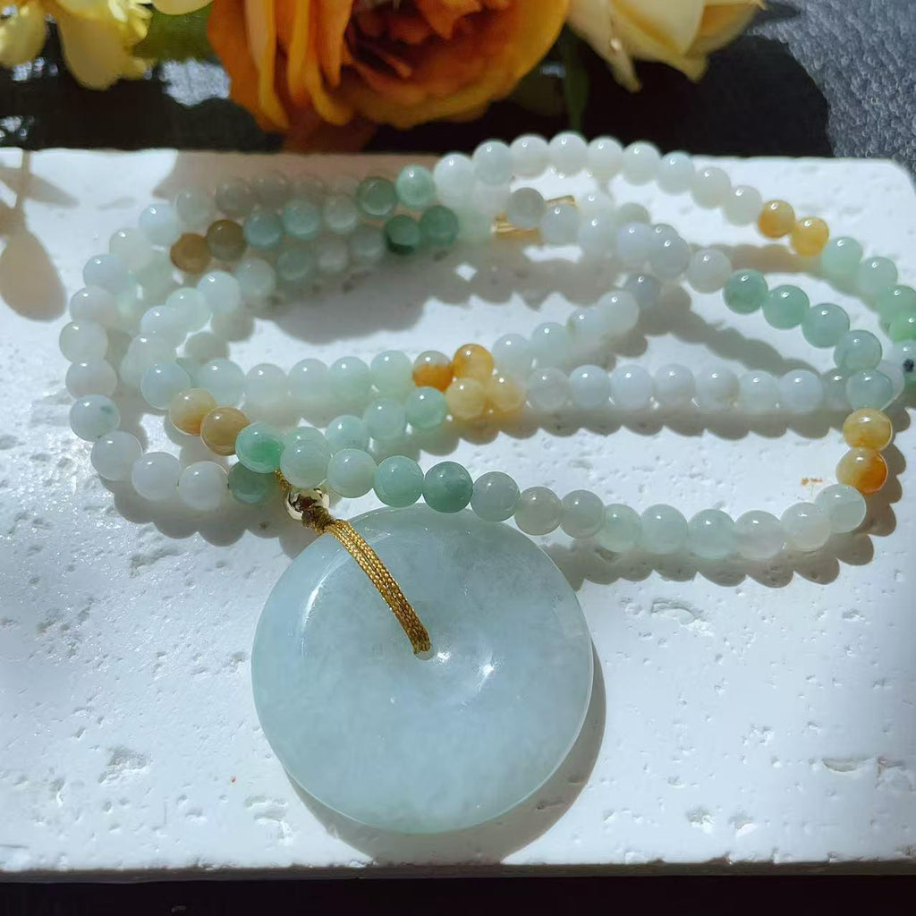 Natural Jadeite Necklace ,Mint Green Donut with Multi-Color Beads,Natural Jade Gift