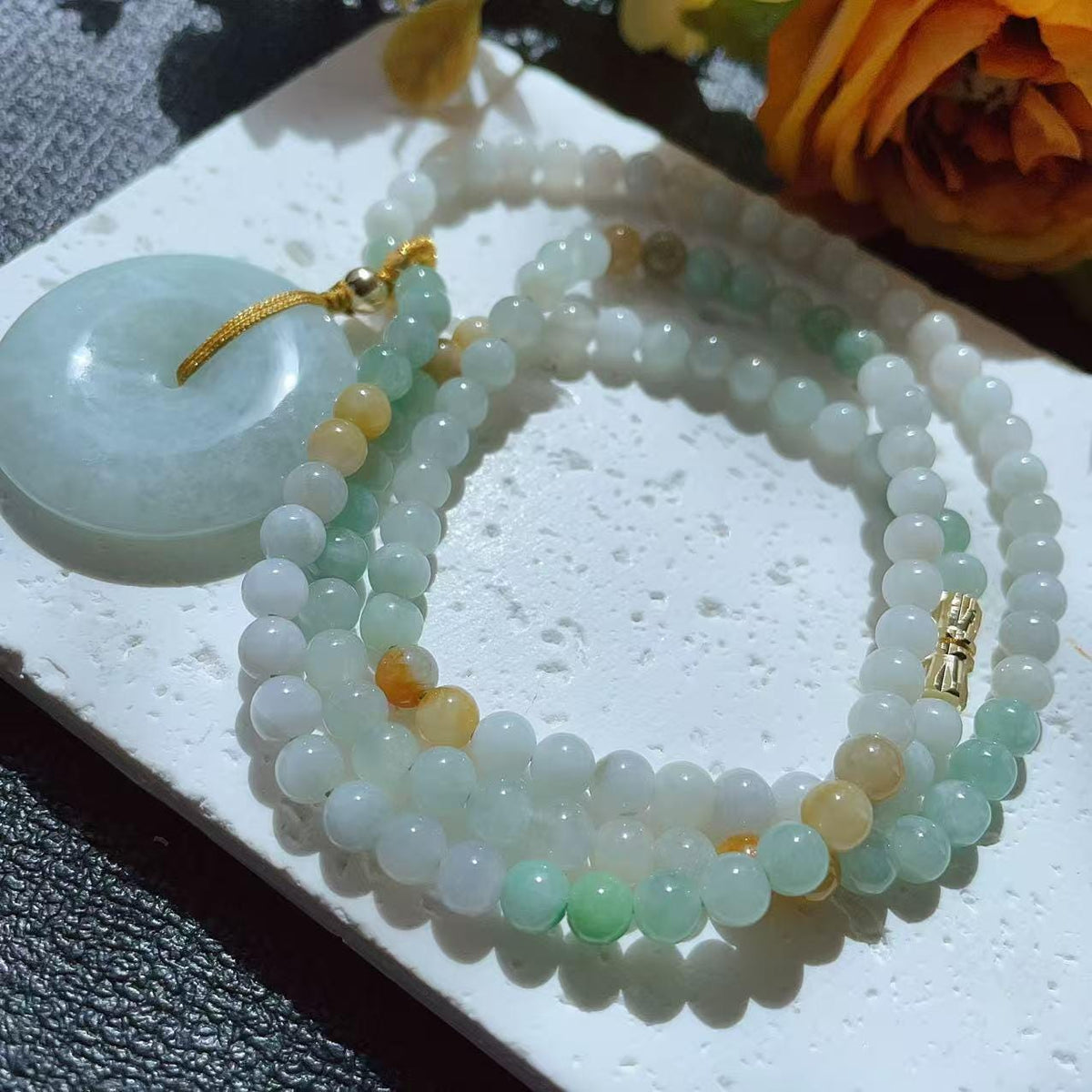 Natural Jadeite Necklace ,Mint Green Donut with Multi-Color Beads,Natural Jade Gift