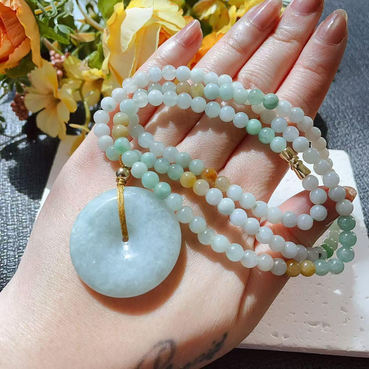 Natural Jadeite Necklace ,Mint Green Donut with Multi-Color Beads,Natural Jade Gift