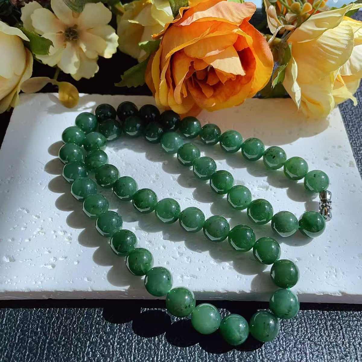 Certified Natural Green Jade 10mm Necklace, Deep Green Beaded Jade Necklace, Minimalist Jade Chain, 10mm Nephrite Green Jade