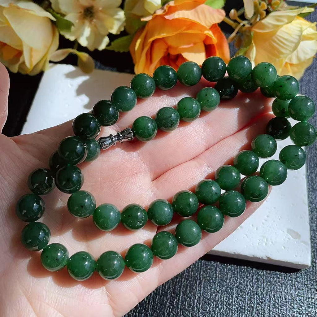 Certified Natural Green Jade 10mm Necklace, Deep Green Beaded Jade Necklace, Minimalist Jade Chain, 10mm Nephrite Green Jade