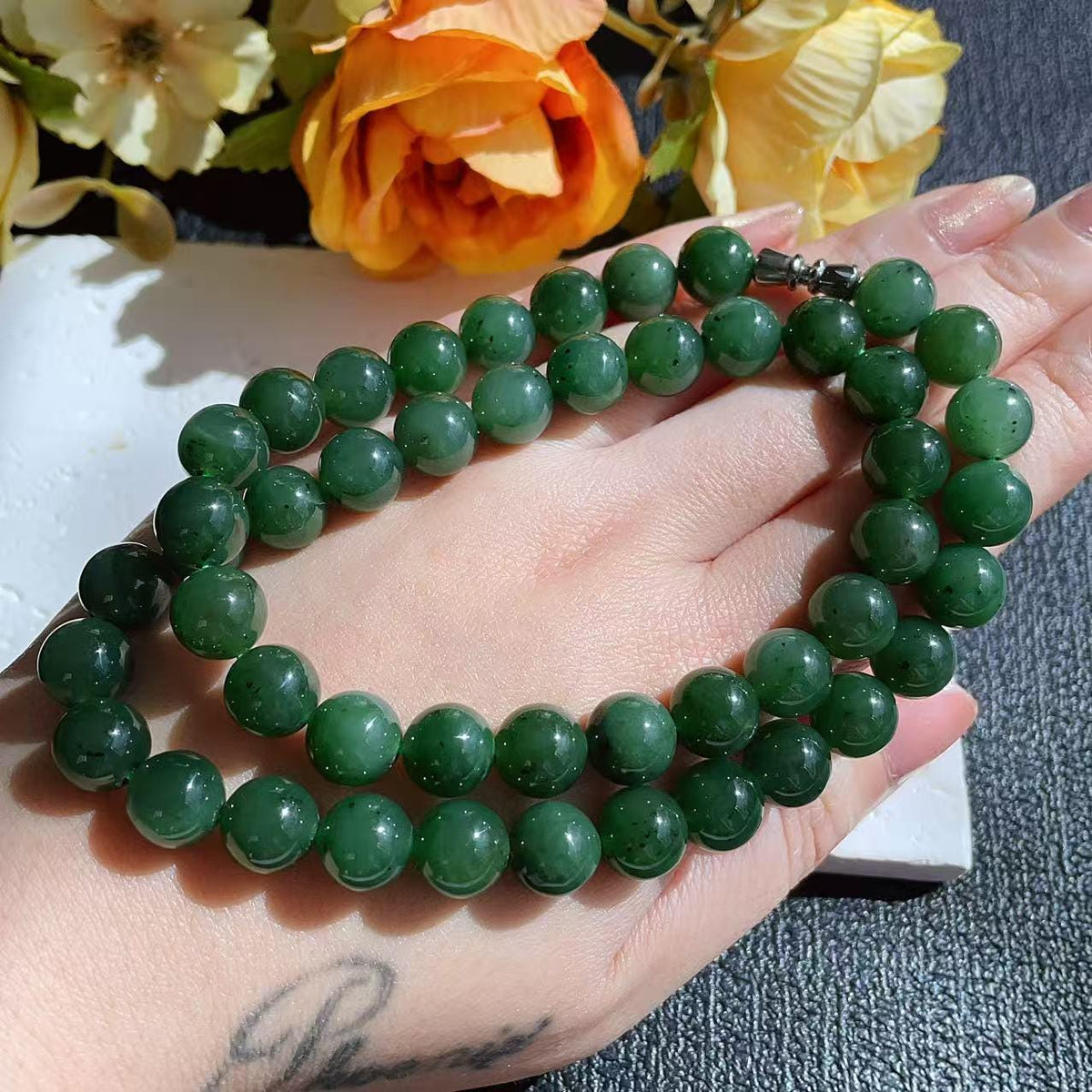 Certified Natural Green Jade 10mm Necklace, Deep Green Beaded Jade Necklace, Minimalist Jade Chain, 10mm Nephrite Green Jade