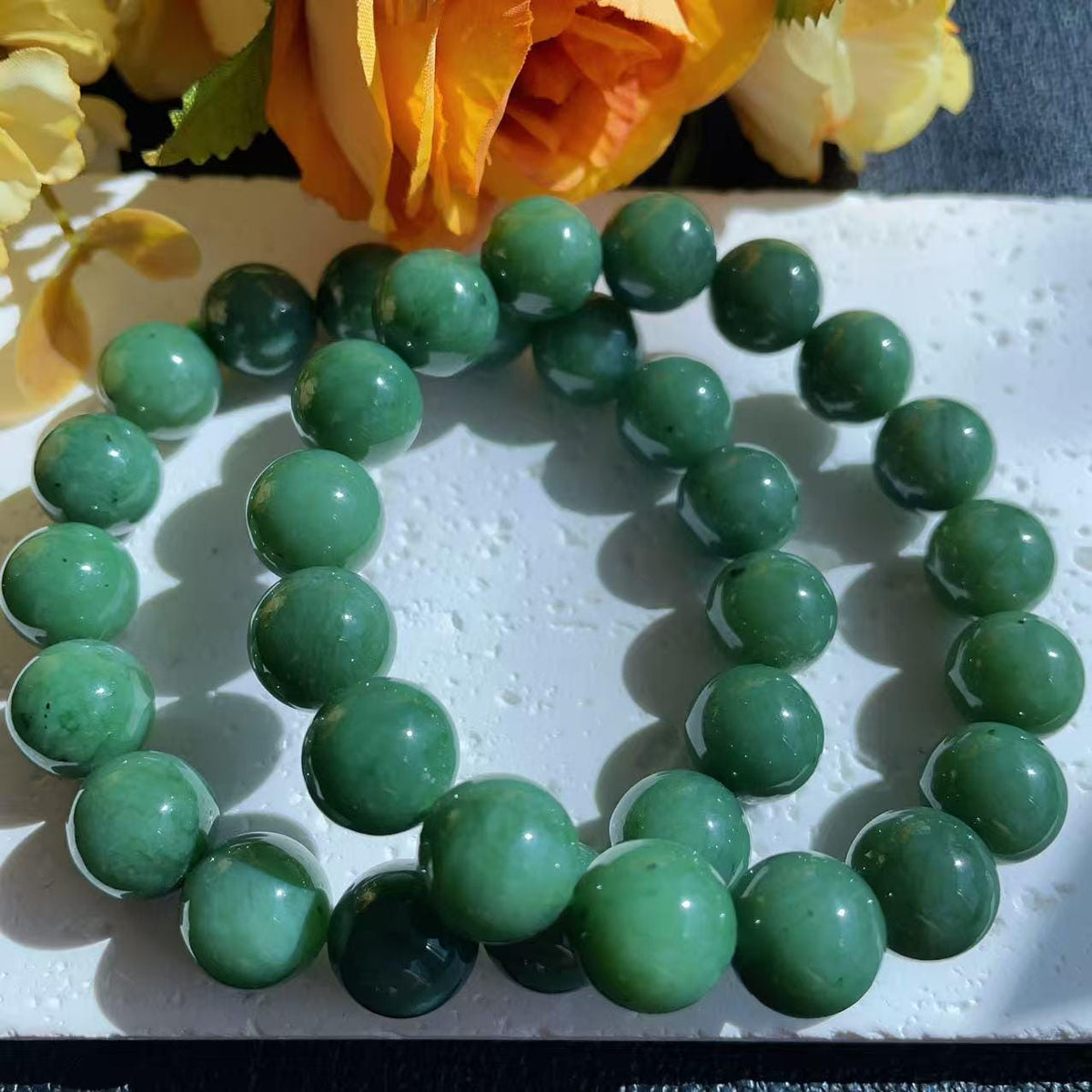 Certifeid Deep Green Jade Bracelet ,12mm Green Jade Bracelet , Natural Nephrite Beads, Minimalist Luxury Jewelry, Certified Jade Gift