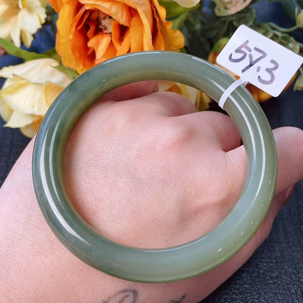 Certified Natural Green Jade Bangle , Iced Lake Green Nephrite Jade Bangle , 57-58mm Size Jade Bangle Bracelet