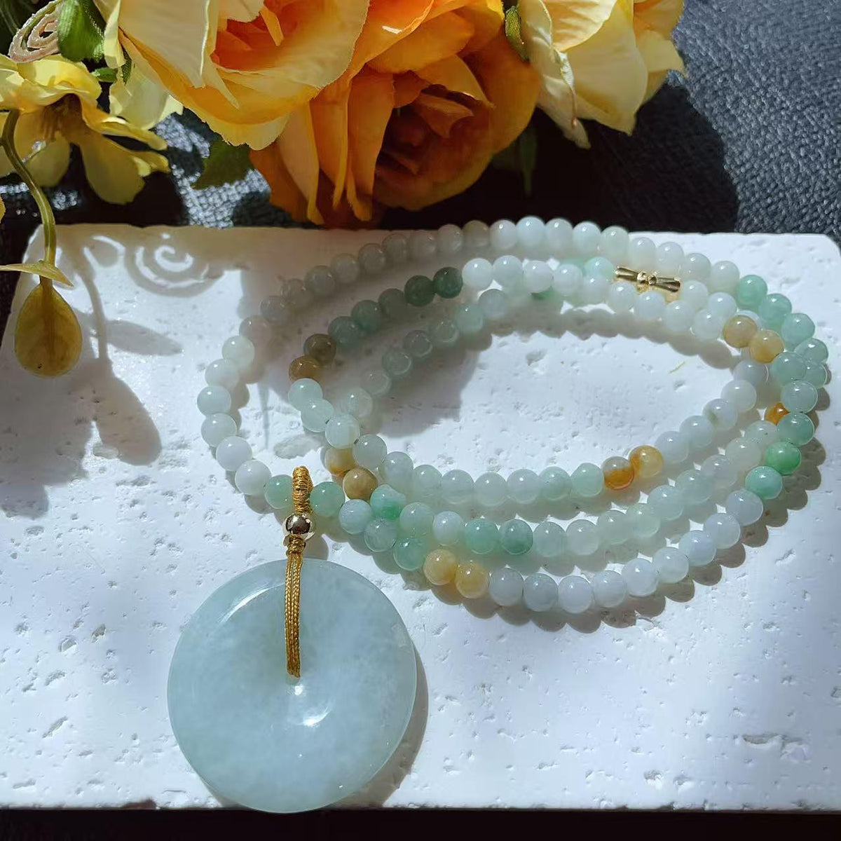 Natural Jadeite Necklace ,Mint Green Donut with Multi-Color Beads,Natural Jade Gift