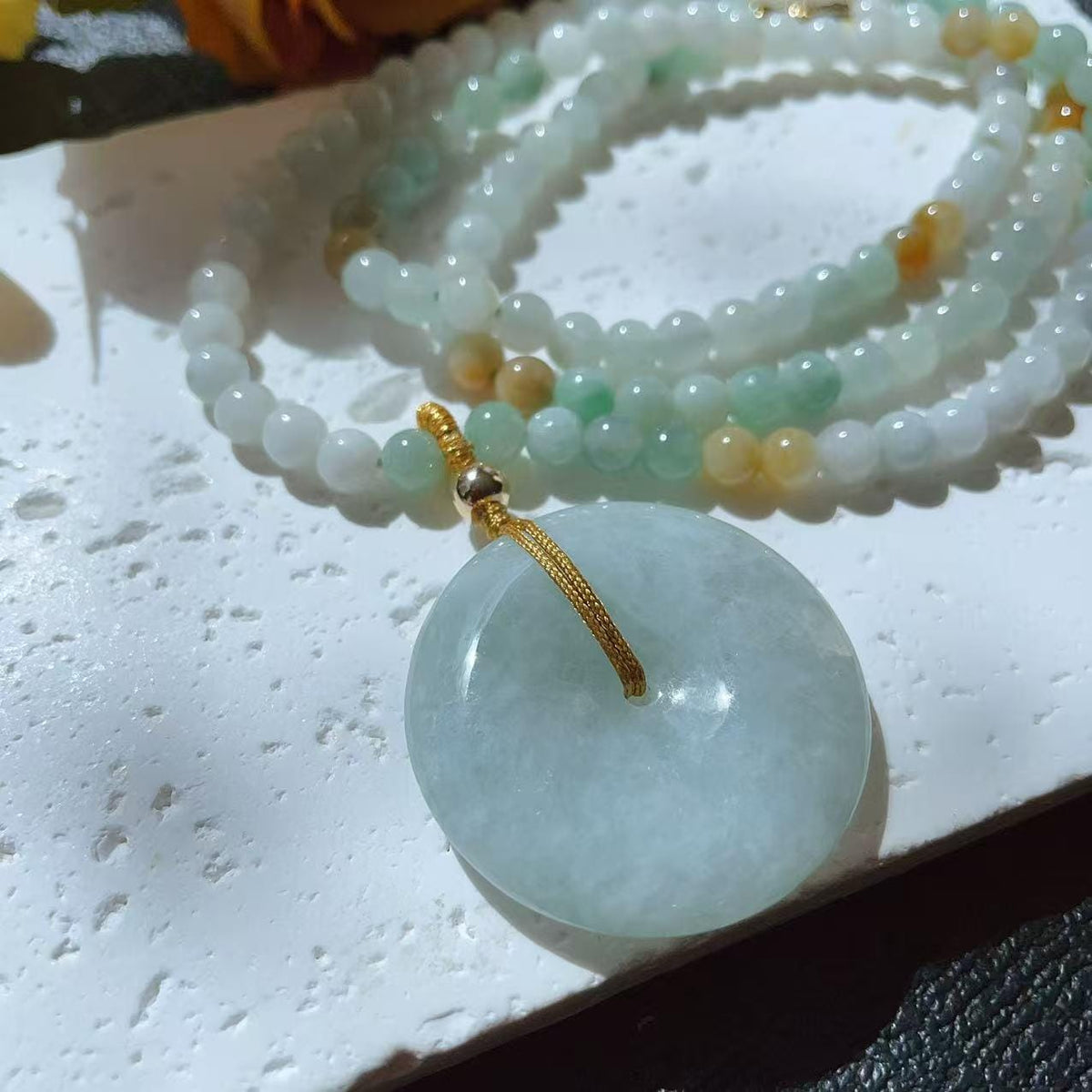 Natural Jadeite Necklace ,Mint Green Donut with Multi-Color Beads,Natural Jade Gift