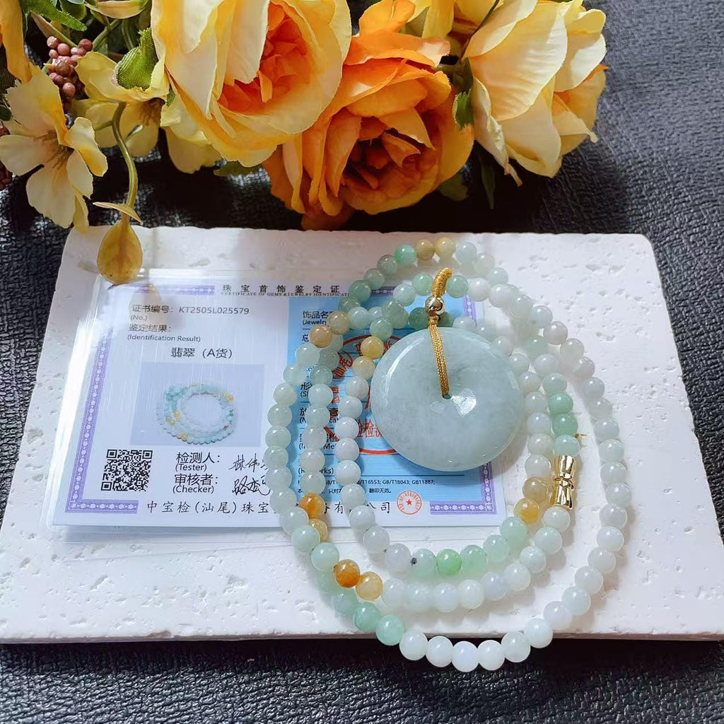 Natural Jadeite Necklace ,Mint Green Donut with Multi-Color Beads,Natural Jade Gift