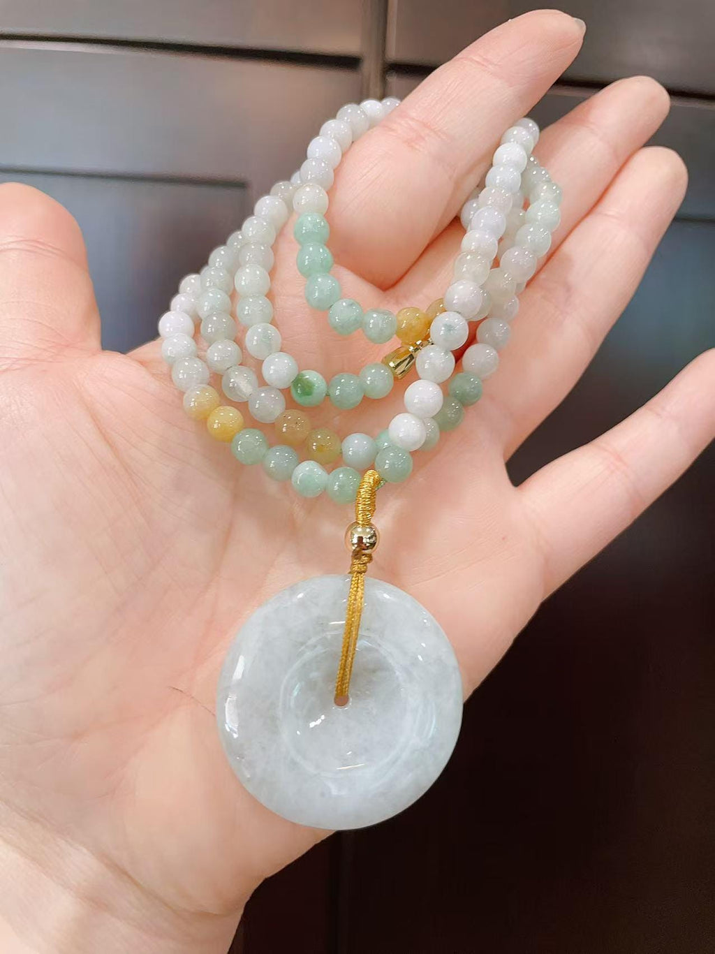 Natural Jadeite Necklace ,Mint Green Donut with Multi-Color Beads,Natural Jade Gift