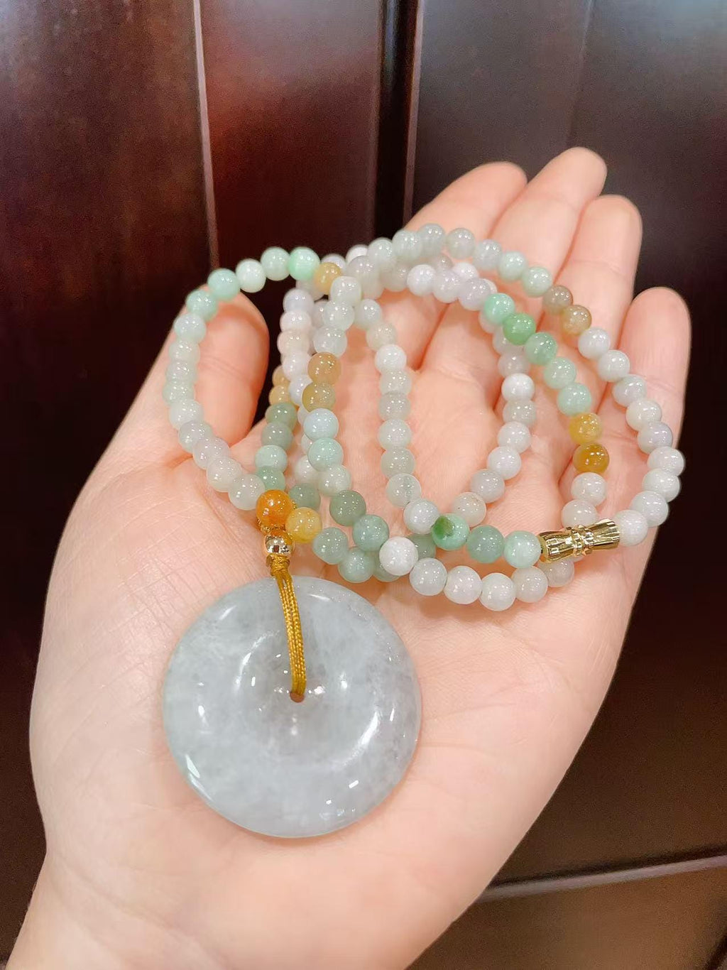Natural Jadeite Necklace ,Mint Green Donut with Multi-Color Beads,Natural Jade Gift