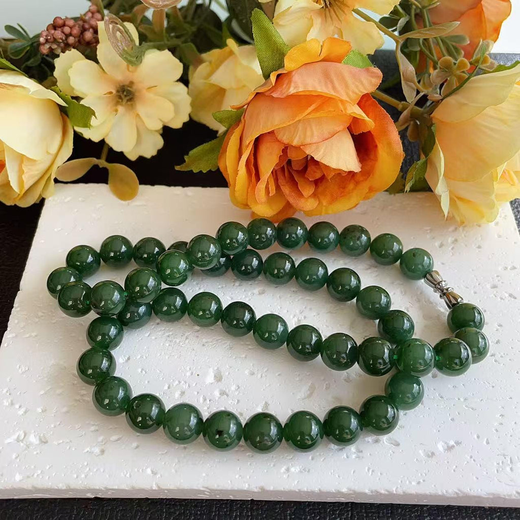 Certified Natural Green Jade 10mm Necklace, Deep Green Beaded Jade Necklace, Minimalist Jade Chain, 10mm Nephrite Green Jade