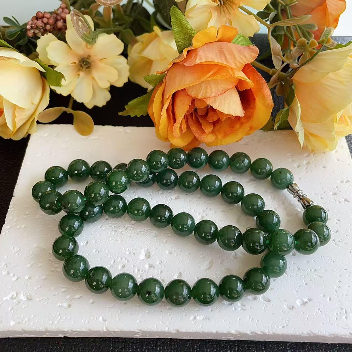 Certified Natural Green Jade 10mm Necklace, Deep Green Beaded Jade Necklace, Minimalist Jade Chain, 10mm Nephrite Green Jade