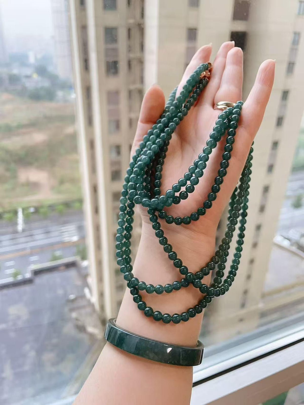 Natural Blue Water Jade Necklace ，6mm Beads 23" Long Chain， Icy Translucent Jadeite Necklace ，A Grade Jade， Gift for Her