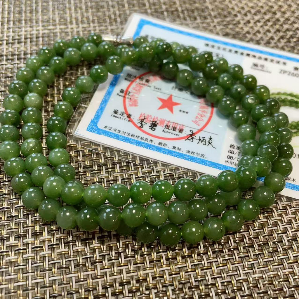 Certified Natural Moss Green Jade Bead Necklace , 6mm Beaded Long Chain 25” Length, Real Green Jade, Nephrite Jade Necklace, Minimalist Jade