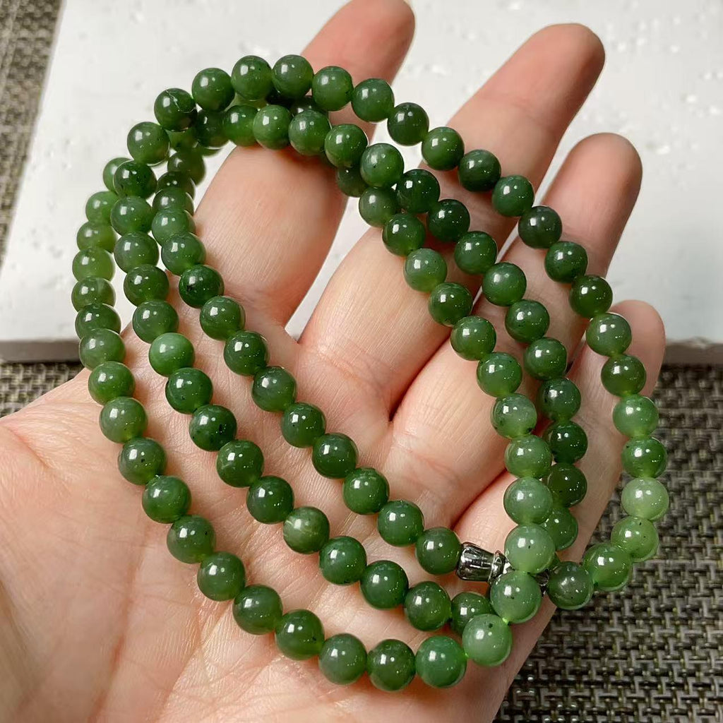 Certified Natural Moss Green Jade Bead Necklace , 6mm Beaded Long Chain 25” Length, Real Green Jade, Nephrite Jade Necklace, Minimalist Jade
