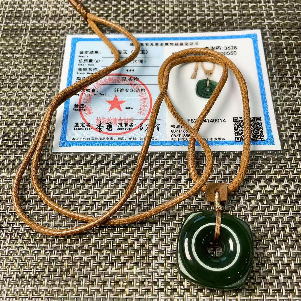 Certified Natural Jade Square Donut Pendant Necklace, Deep Green Jade Pendent , Handmade Natural Nephrite Jade Gift, Minimalist Jade