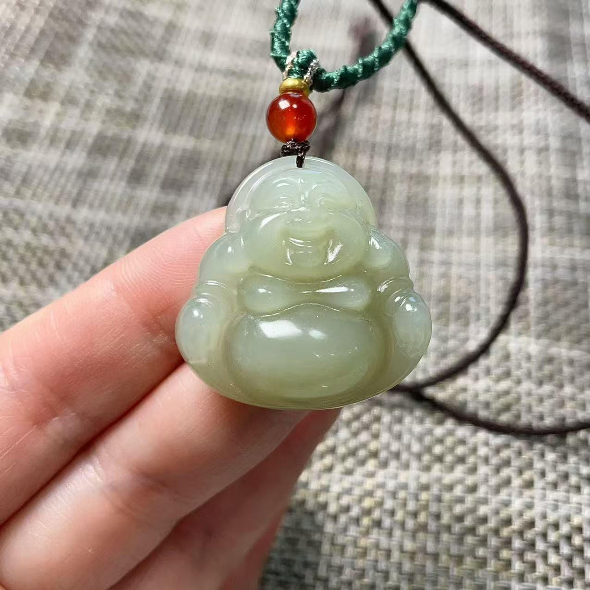 Natural Icy Spring Water Jade Buddha Pendant , Certified Hand-Carved Nephrite Jade Laughing Buddha Necklace, One of a Kind, Jade Jewelry