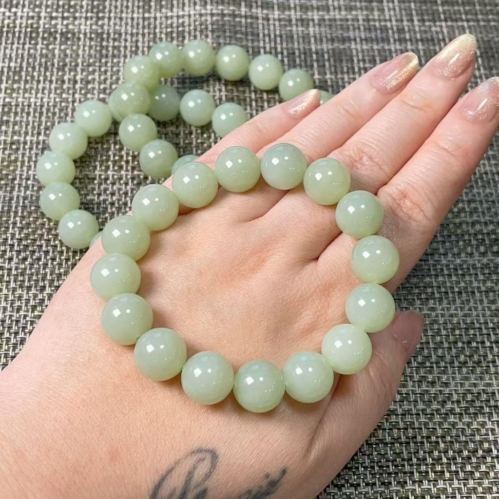 Certified Natural Light Peppermint Green Nephrite Jade Bracelet , 11.5-12mm Round Beads , Certified Jade Bracelet, Soft Mint Green Jade