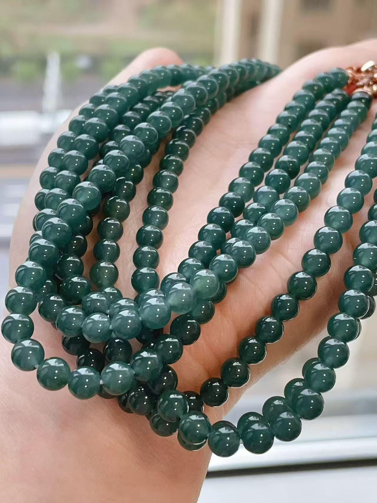 Natural Blue Water Jade Necklace ，6mm Beads 23" Long Chain， Icy Translucent Jadeite Necklace ，A Grade Jade， Gift for Her