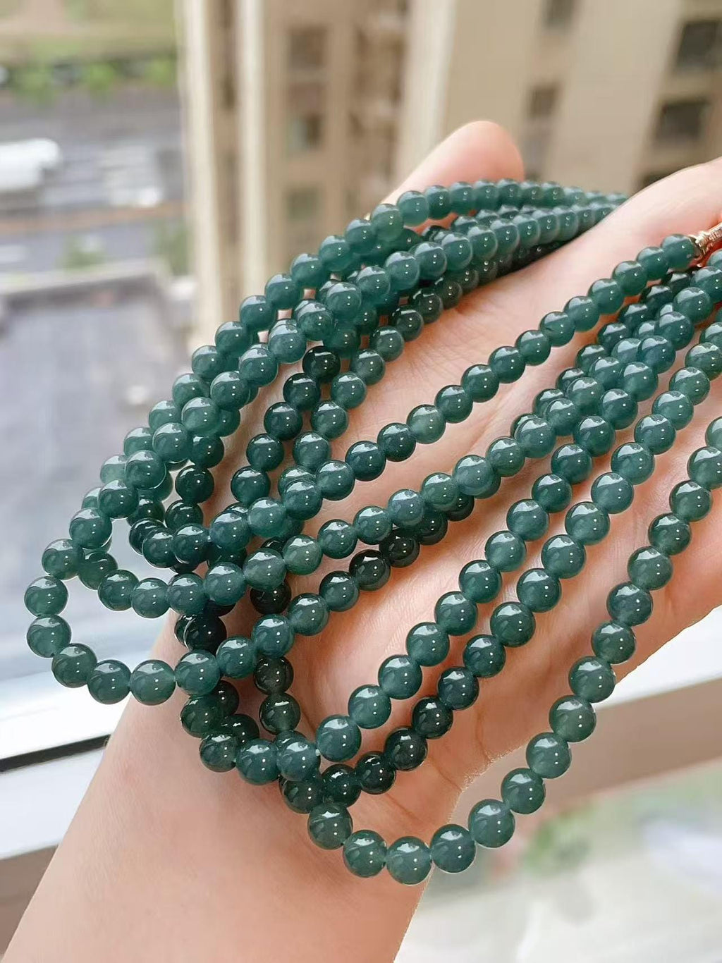 Natural Blue Water Jade Necklace ，6mm Beads 23" Long Chain， Icy Translucent Jadeite Necklace ，A Grade Jade， Gift for Her