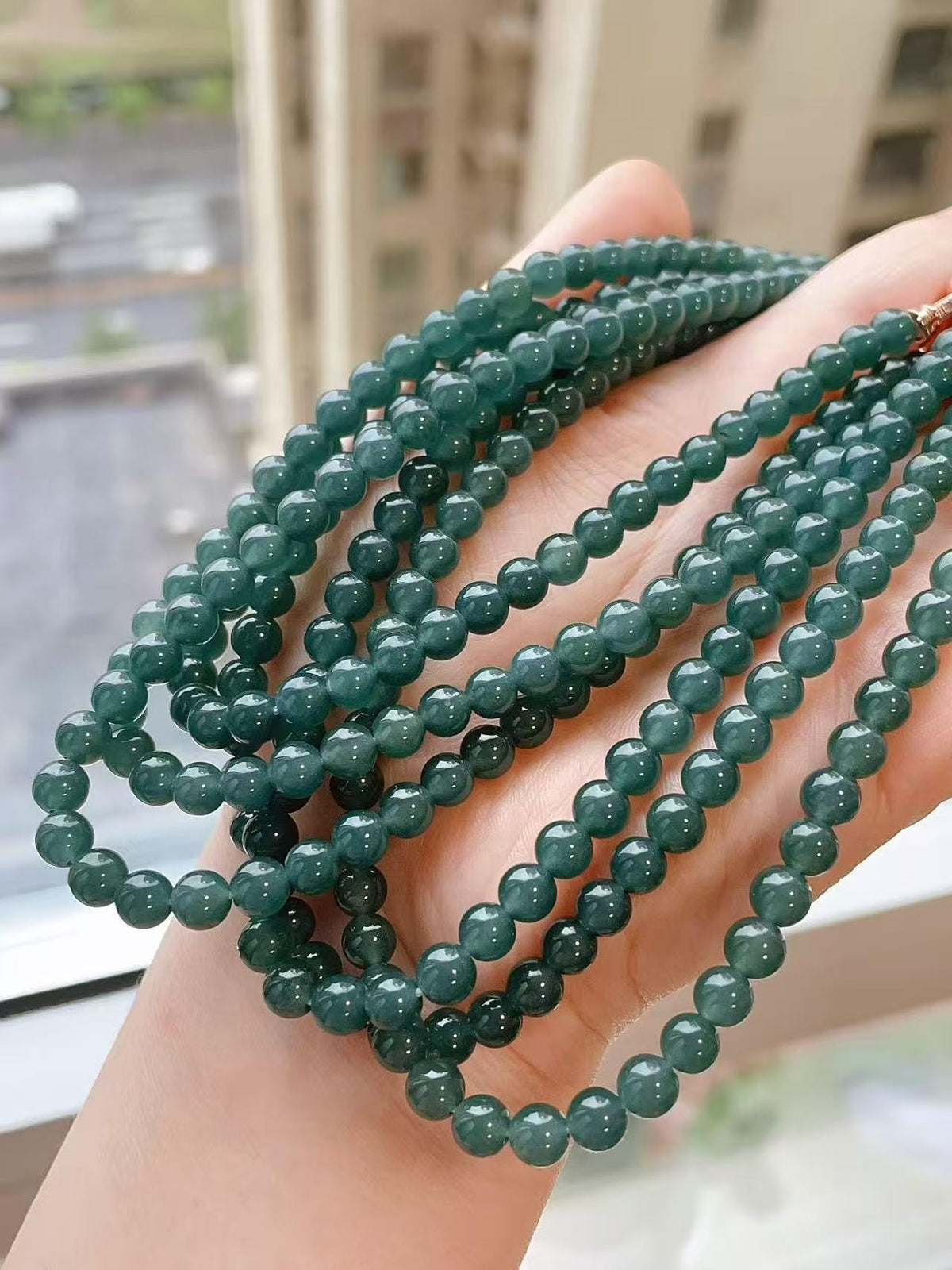 Natural Blue Water Jade Necklace ，6mm Beads 23" Long Chain， Icy Translucent Jadeite Necklace ，A Grade Jade， Gift for Her