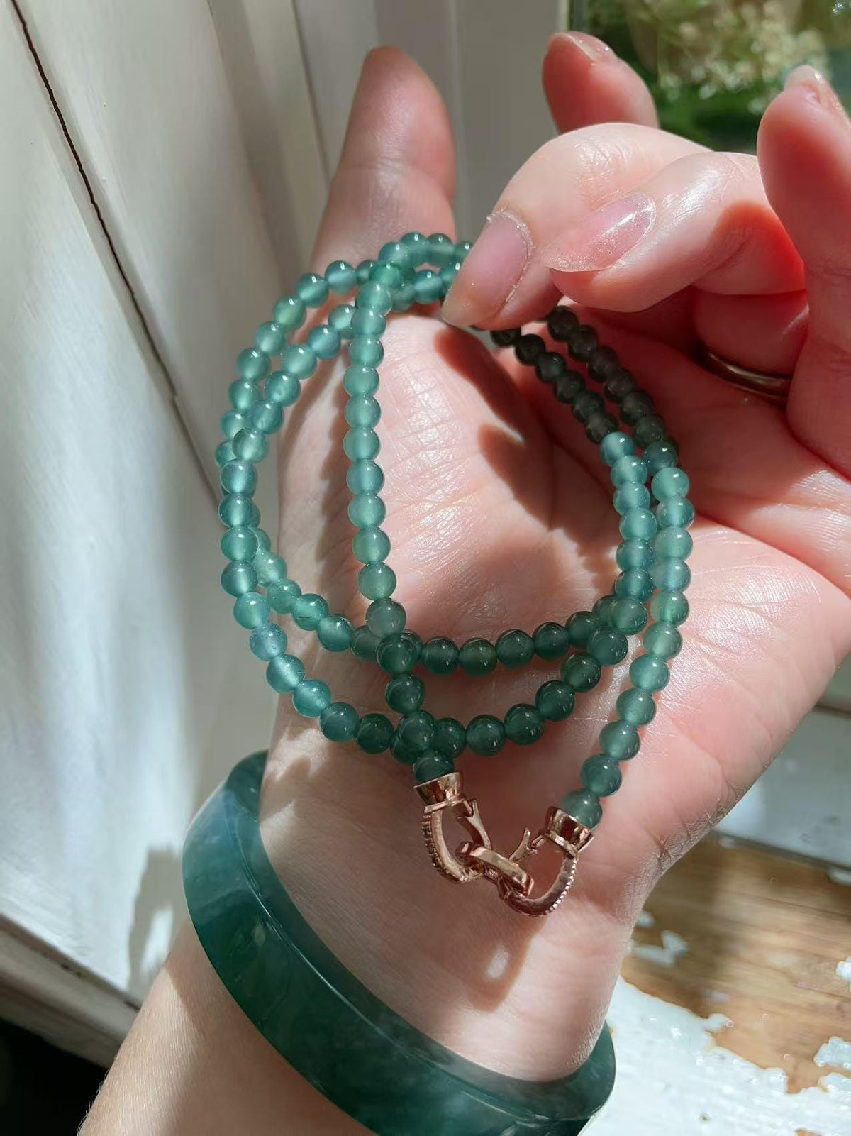 Natural Blue Jadeite Necklace ，4mm Beads 23" Long Chain，Slim Icy Translucent Jadeite Necklace ，A Grade Jade，Minimalist Jade Gift for Her